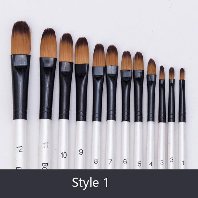 12pcs Nylon Hair Wooden Handle Paint Brush Set