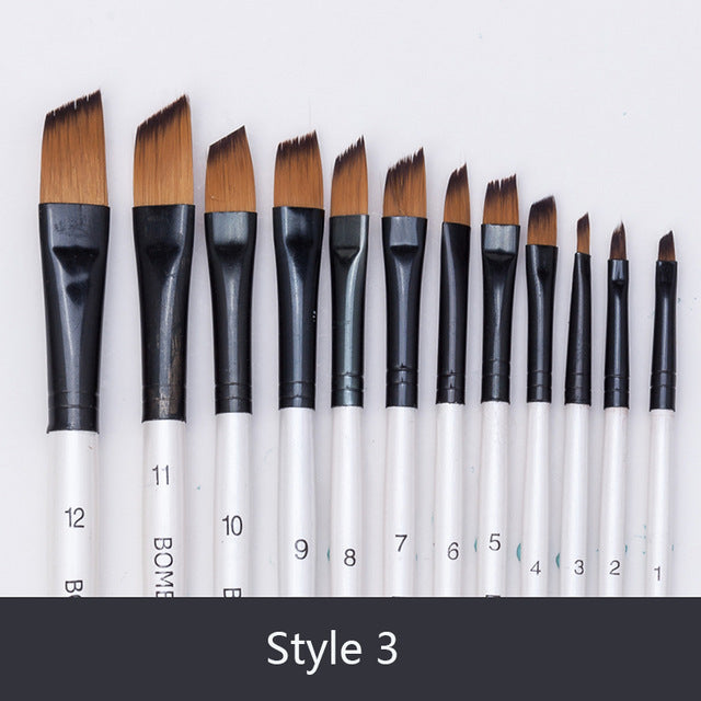 12pcs Nylon Hair Wooden Handle Paint Brush Set
