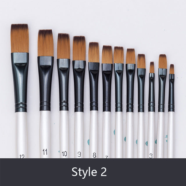 12pcs Nylon Hair Wooden Handle Paint Brush Set